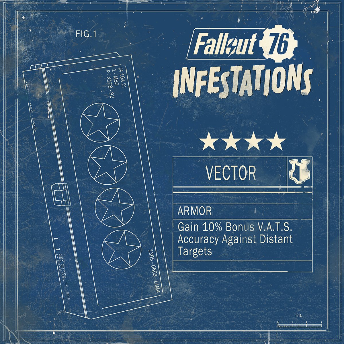 Fallout's tweet photo. New 4-Star Legendary Mods have arrived with #Fallout76: Infestations!

Vector has you covered in V.A.T.S. for those mobs that aren't so sociable.

What's your long-range weapon of choice? 🎯 https://t.co/FmsiBGOIzy