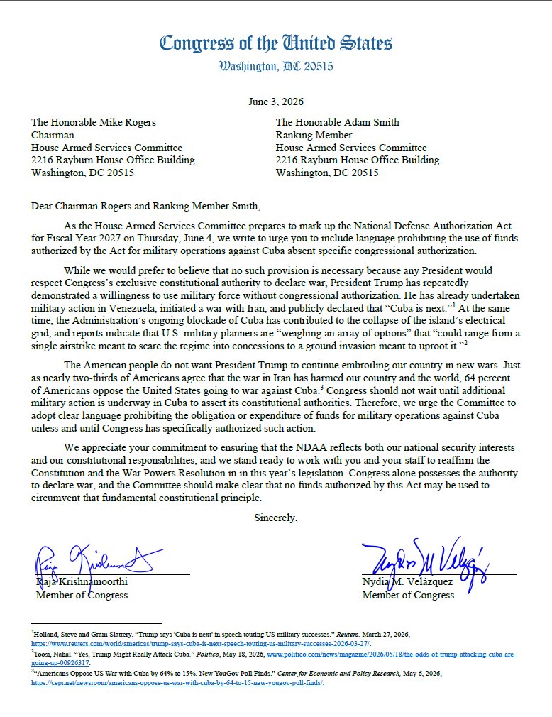CongressmanRaja's tweet photo. President Trump launched the war in Iran without congressional authorization. He has now declared that “Cuba is next.”
Today, Rep. Velázquez and I urged the House Armed Services Committee to include language in the NDAA blocking unauthorized military action against Cuba. https://t.co/OcgmKdN8at