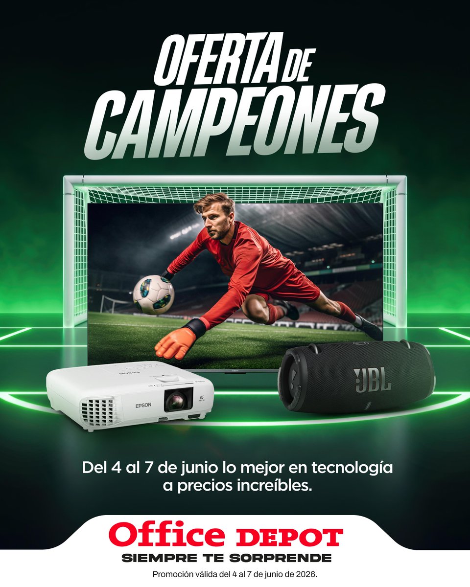 OfficeDepotSV's tweet photo. Office Depot trae una verdadera Oferta de Campeones. 🏆⚽
Todo para armar tu espacio, disfrutar cada momento y vivir el juego como un verdadero ganador. 🔥🙌🏻
Compra en tienda o en https://t.co/zslbGCZKyQ
#OfficeDepotSiempreTeSorprende
Válido del 4 al 7 de junio de 2026. https://t.co/8HmQFeeCEs