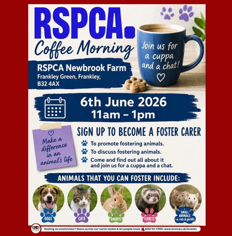 B31Voices's tweet photo. #SWBrumEVENTS – Foster Coffee Morning ☕️
INFO:👉  https://t.co/a43WZ8vt8N

📅 Saturday 6th June 
🕚 11am - 1pm 
📍 RSPCA Newbrook Farm - #Frankley

-

#B31VoicesSupportingLocal 
#AnimalFostering
#AnimalLover
#Birmingham 
#BirminghamUK 
#B31Voices https://t.co/kuIQLw4WxW