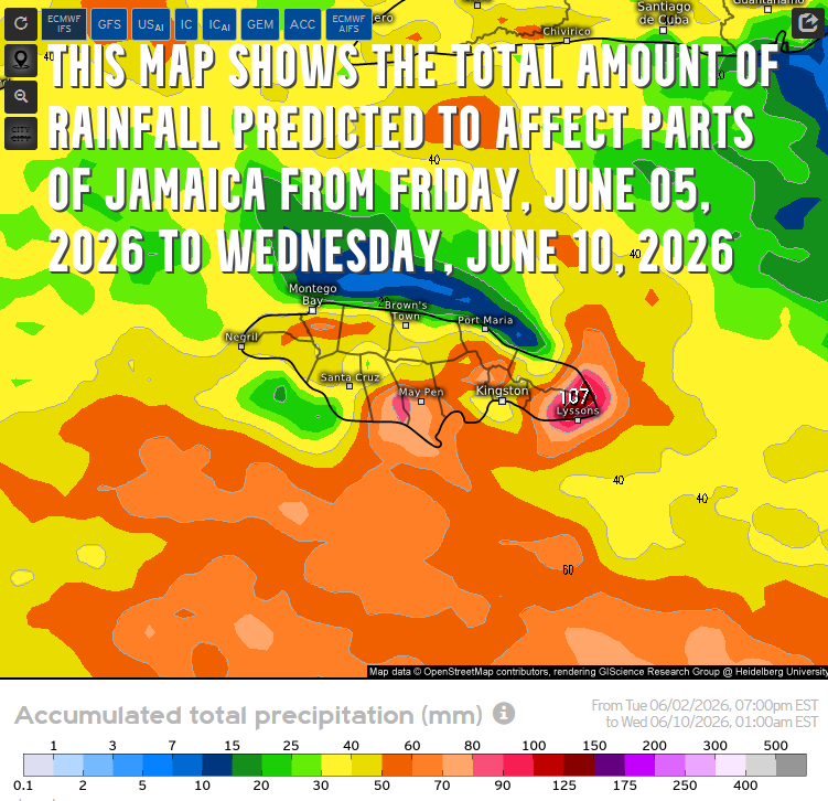 weatherjamaica's tweet photo. Atención! High amounts of rainfall are in the forecast for sections of Southern and Eastern Jamaica over the next seven days. Some of this rainfall may trigger flash flooding. If you must go out, bring your umbrella &amp; if you come upon flooded roadways, turn around, don't drown. https://t.co/S9XW3ckq2r