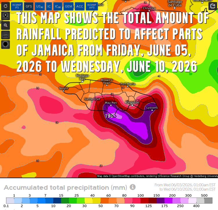 weatherjamaica's tweet photo. Atención! High amounts of rainfall are in the forecast for sections of Southern and Eastern Jamaica over the next seven days. Some of this rainfall may trigger flash flooding. If you must go out, bring your umbrella &amp; if you come upon flooded roadways, turn around, don't drown. https://t.co/S9XW3ckq2r