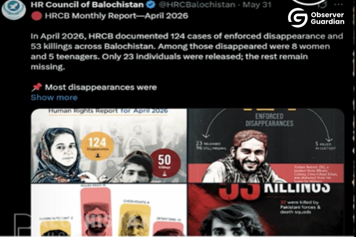 ObservrGuardian's tweet photo. The credibility of HRCB is deeply questionable. Their reports rely almost entirely on BYC’s unverified claims. Cases like Saleem Baloch, initially labeled “missing,” later claimed by BYC as their terrorist, expose the echo chamber. Similarly, Khairun Nisa was presented as a disappearance case but rescued from a suicide attack network. True victims of terrorism  miners in Mach, passengers dragged off buses, teachers, and laborers  are ignored. A report that shows only one side is not human rights, it is propaganda. 
📌 #BLA_HRCB #ExposeBYC #PeaceInBalochistan #PakistanUnity #HumanRightsMatter #CounterTerrorNarratives 🌍📊
🔗 @SarfrazBugti @ShireenMazari1 @ZarrarKhuhro @HumaNaveed @AnsarAbbasi @NasimZehra @MoeedNj @KhalidIlyas @HamidMirPAK @DrHumaBaqai @fahdhusain @AdilNajam