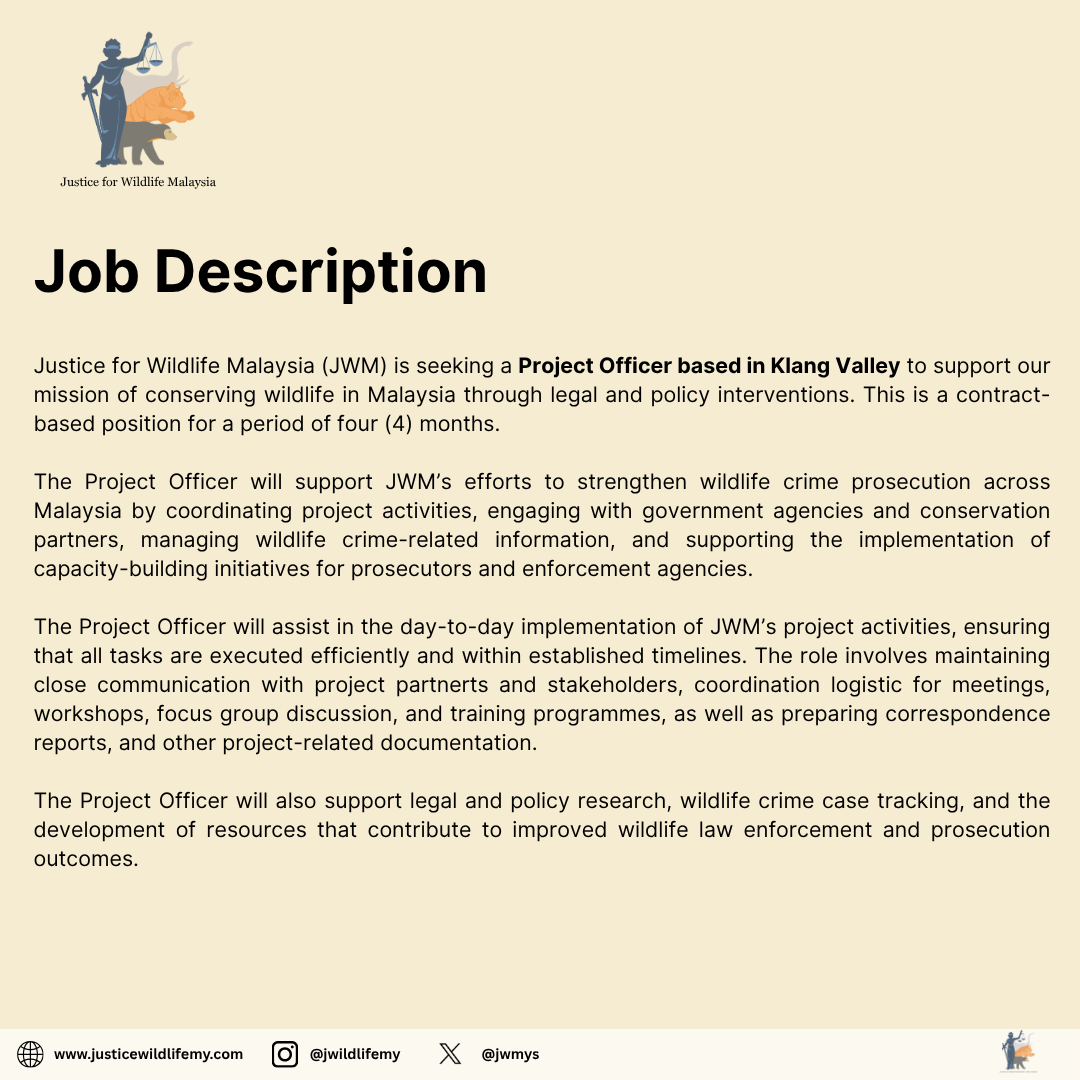 jwmys's tweet photo. Help us protect Malaysia's wildlife!

JWM is seeking a Project Officer to support projects aimed at strengthening wildlife crime prosecution and improving conservation outcomes across the country.

📍Klang Valley
🗓️4-Month Contract https://t.co/3iCeTv8taU