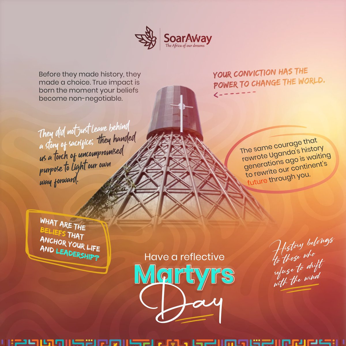 SoarAwayUG's tweet photo. They did not just leave behind a story of sacrifice; they handed us a torch of uncompromised purpose to light our own way forward.
The same courage that rewrote Uganda's history generations ago is waiting to rewrite our continent's future through you! 

Happy #MartyrsDay! https://t.co/6czqmC0ev5