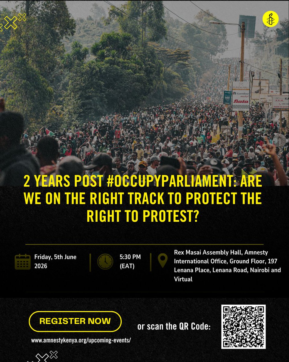 AmnestyKenya's tweet photo. Are we truly protecting the right to protest?
Join the conversation on civic space, accountability, and the progress made since #OccupyParliament.
Don’t miss it, be part of the dialogue! https://t.co/rfHqJGR2ws https://t.co/0DHULCScbZ