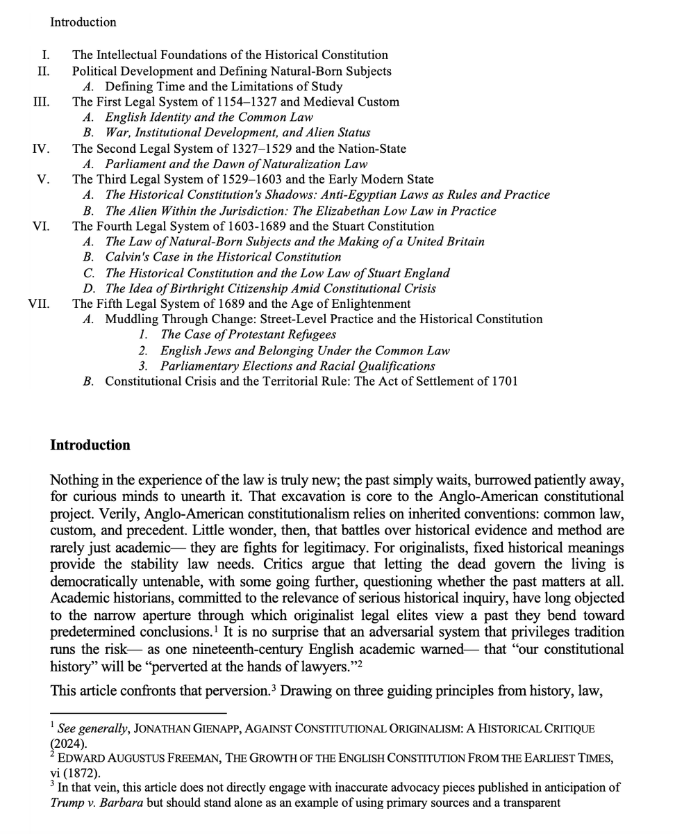 AnthonyMKreis's tweet photo. Posting my draft of “Discovering the Historical Anglo-American Constitution.” 

I trace birthright citizenship from the 1100s to the 1770s and show that the English common-law rule of natural-born subjects was always tied to territory and jurisdiction. 

https://t.co/shmXgQYZI9 https://t.co/xW6JKQsVMy