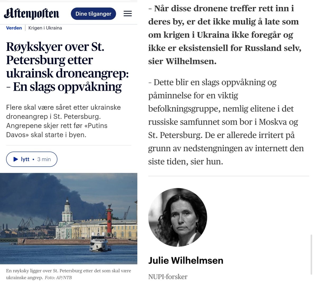 bjornberger's tweet photo. Etter det ukrainske droneangrepet mot St. Petersburg uttaler Julie Wilhelmsen til Aftenposten:

«Når disse dronene treffer rett inn i deres by, er det ikke mulig å late som om krigen i Ukraina ikke foregår og ikke er eksistensiell for Russland selv.» 🧵 1/8 https://t.co/6AeoGatZGW