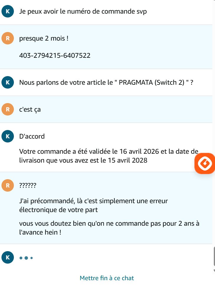 MashBurnd3ad's tweet photo. @AmazonHelp Félicitations, c'est la dernière fois que je commande un jeu vidéo sur votre plateforme !!! #Pragmata #AmazonFr. Jeu précommandé en Avril pour être sûr de l'avoir, ne toujours pas l'avoir reçu en Juin et en plus avoir la mauvaise blague qu'une livraison prévue 2028 ! https://t.co/UtJHJwe7FD