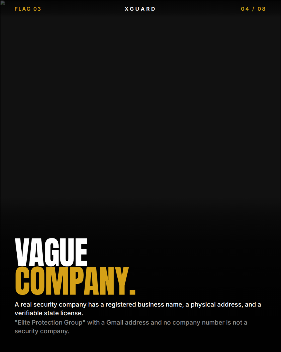 Xguardsecurity's tweet photo. If the guard you booked is cash-only, badge-free, or dispatched from a personal mobile — you're not covered.

6 red flags. One is enough to walk away.

Save this for your next venue review.
→ https://t.co/c67kvBx3rw https://t.co/IIeJhOHLnp