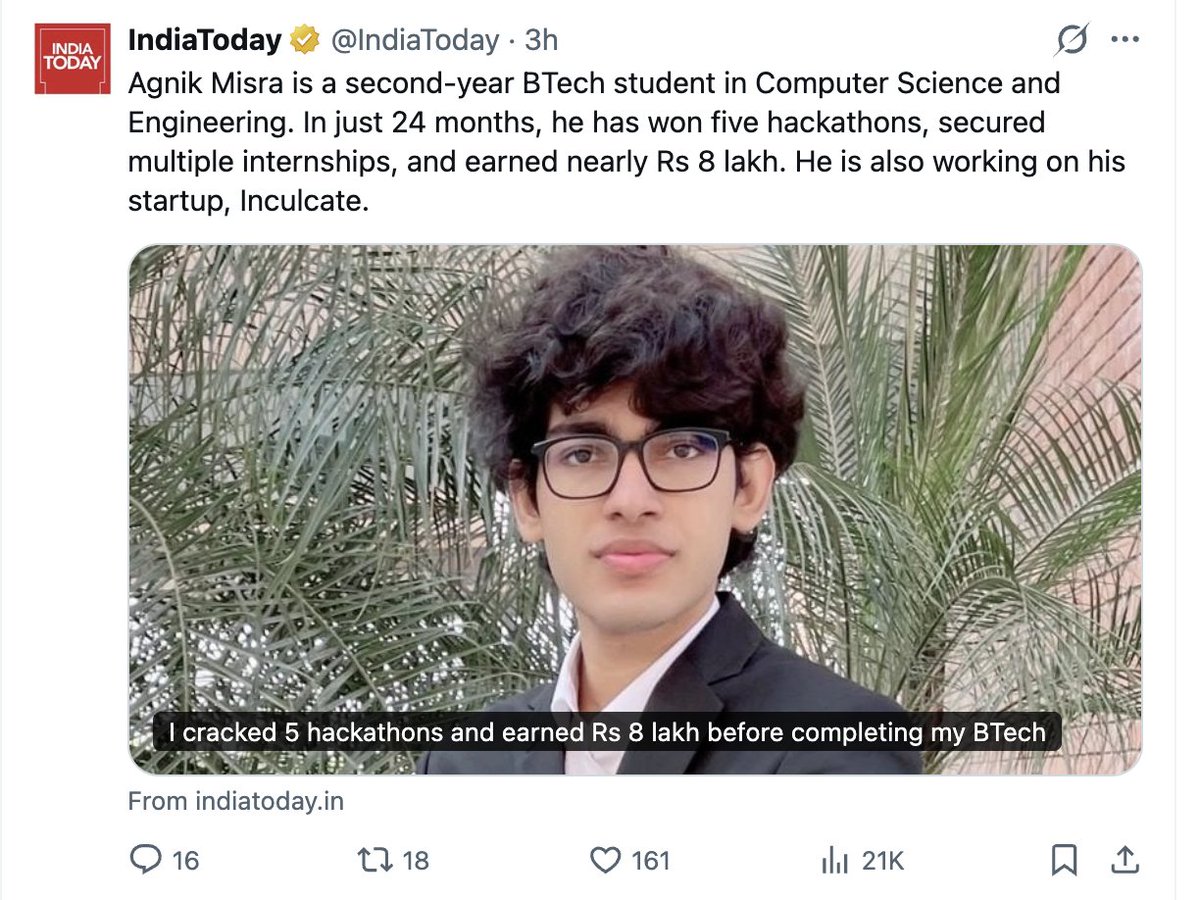 Fintech03's tweet photo. Game Theory of Media Metrics: Mainstream Indian media houses operate on cold, hard traffic data. They know exactly who their largest, most desperate digital demographic is: middle-class parents & engineering aspirants.

A 2nd yr BTech student winning local hackathons & earning ₹8 lakh? That is the sweet spot of accessible aspiration. To a parent in a tier-2 town, this is the ultimate dream template for their own child.

To another BTech student, it triggers just enough FOMO to guarantee a click. The media is selling a relatable daydream to maximize ad impressions.

Agnik Misra did everything a smart, sharp, contemporary engineering student is supposed to do. He worked hard, played the system correctly & deserves credit for his hustle. 

But its presence on our headline feed is simply a mainstream media house executing a highly calculated, high-margin traffic play, packaging the daily reality of the Indian tech student as a spectacular anomaly to capture the eyeballs of an education-obsessed nation.