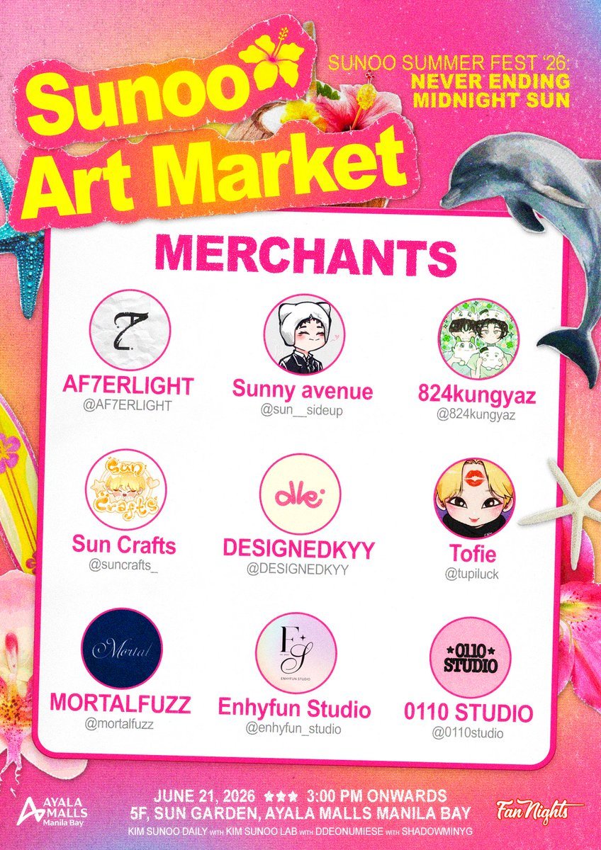 kimsunoolab's tweet photo. Welcome to the FIRST EVER SUNOO ART MARKET! 

A whole lineup of summery, flowery, cutesy, and Sunoo-ful pieces are coming your way!🌺

Register for FREE: https://t.co/hYd7pNuNC5

Never Ending Midnight Sun presents the first batch of the much-awaited artisans that will surely entice you to shop, collect, and display~

Come see them this coming June 21 at Ayala Malls Manila Bay! 

The fest opens at 3 PM. See you there!😉

#SunooSF26 🌺🐬☀️

#JUNENOO #SUNOODAY2026
#AtTheBay #FanNightsatAMManilaBay 
#SUNOO #엔하이픈_선우 #ソヌ
@ENHYPEN_members @ENHYPEN