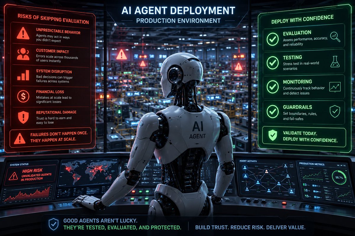 KenteCodeAI's tweet photo. Deploying AI agents to production without proper evaluation is like gambling with your reputation.

AI agents don’t fail one customer at a time—they can fail at scale.

Test. Evaluate. Monitor. Add guardrails.

Don’t let hope be your deployment strategy.

https://t.co/5nec40rqos https://t.co/QEFxwfUESd