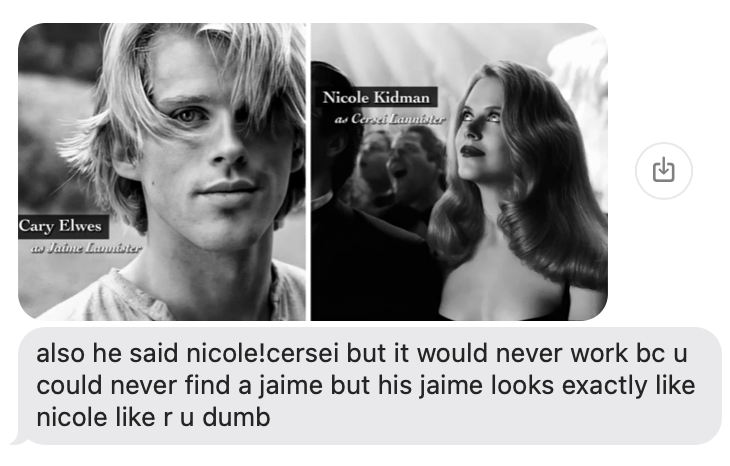 casterlyrox's tweet photo. every time i think about grrm's jaime and cersei i remember my friend texting me this 😭 https://t.co/g2bVGVjROh