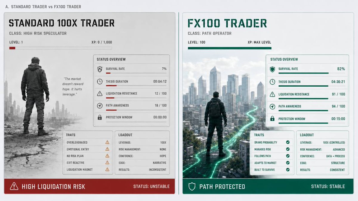 FX100Perp's tweet photo. CHARACTER BUILD: Standard 100x trader.
HP: low. Armour: none. Survival rate: 4%. Cause of death: scam wick.

CHARACTER BUILD: FX100 trader.
HP: boosted. Armour: 15-min protection. Survival rate: significantly higher. Cause of death: still scam wick, but later.

Choose your build https://t.co/Z453YhEx7E
