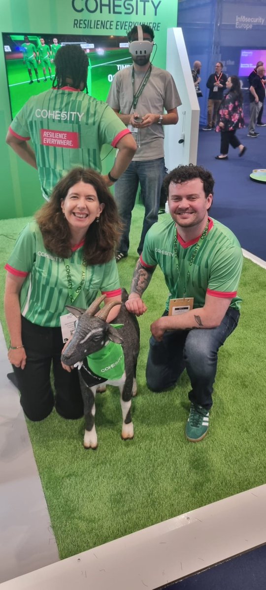 Cohesity's tweet photo. Other booths. Then there's us. 🐐💚
🐐 G.O.A.T. level cyber resilience demos
🎮 VR experience on the floor
👟 Full locker room booth energy
👀 Data security experts ready to talk

Stand D160 through Thursday. Come say 👋 #InfoSecEurope https://t.co/Th1XyHviTb