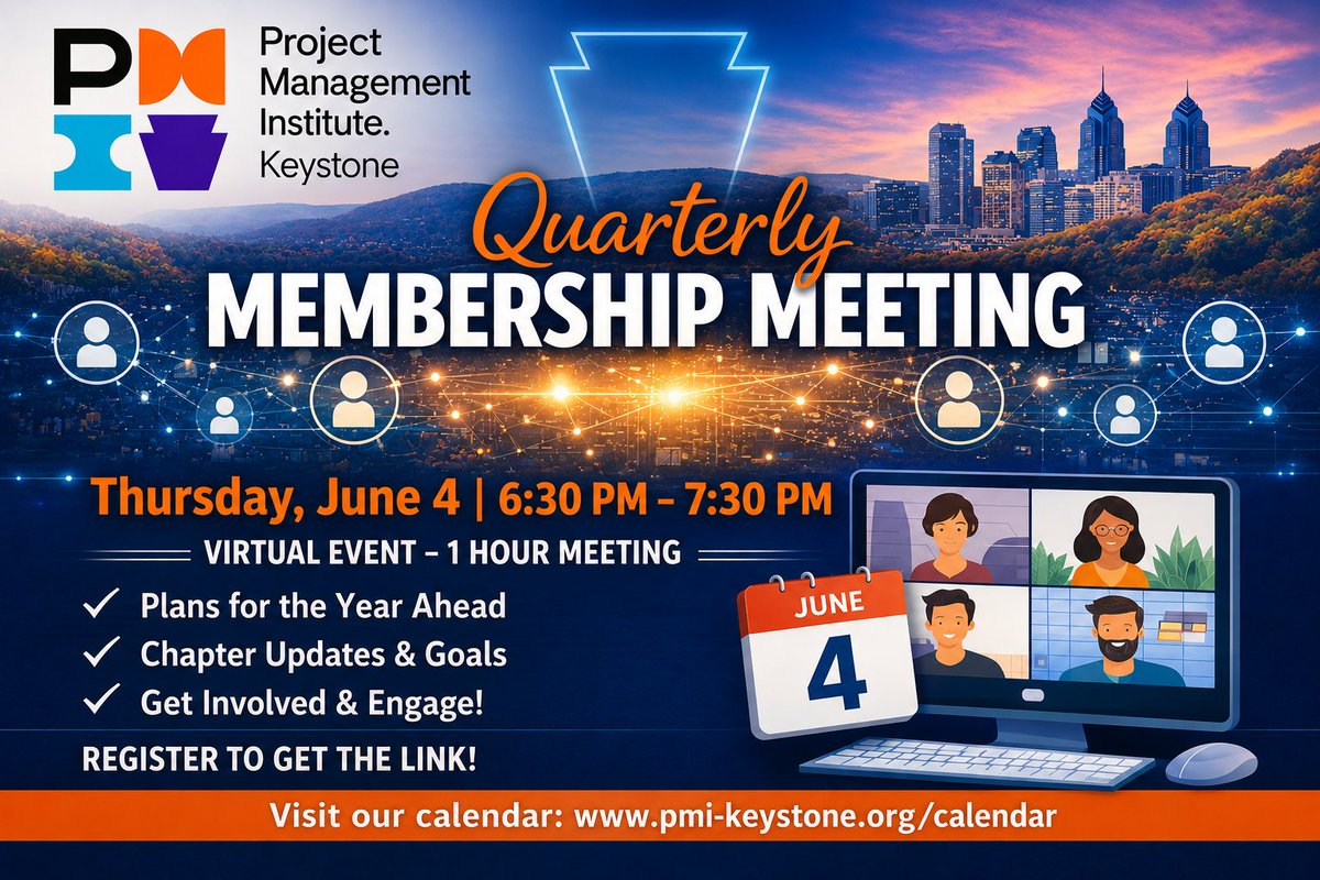 PMIkeystone's tweet photo. It's tomorrow! There is still time to register for our Quarterly Membership Meeting, June 4, 6:30 pm. Register on the PMI Keystone calendar &amp; get the Zoom link. We've got news! https://t.co/gROTQVzrBh
 #VirtualEvent #ProjectManagement #PMIKeystone #MembershipMeeting https://t.co/yVSKGfuT4D