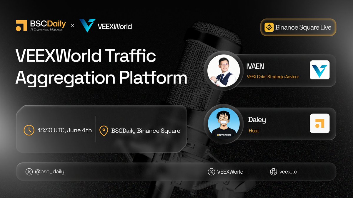bsc_daily's tweet photo. Join our AMA with @VEEXWorld - discussing "The VEEX Platform and VEEX Future Direction?"

📍 Venue: https://t.co/MuVSq6cw3h

🗓 June 4th, 13:30 UTC

1️⃣ Follow @VEEXWorld  
2️⃣ Ask questions on Binance!
3️⃣ Like & RT