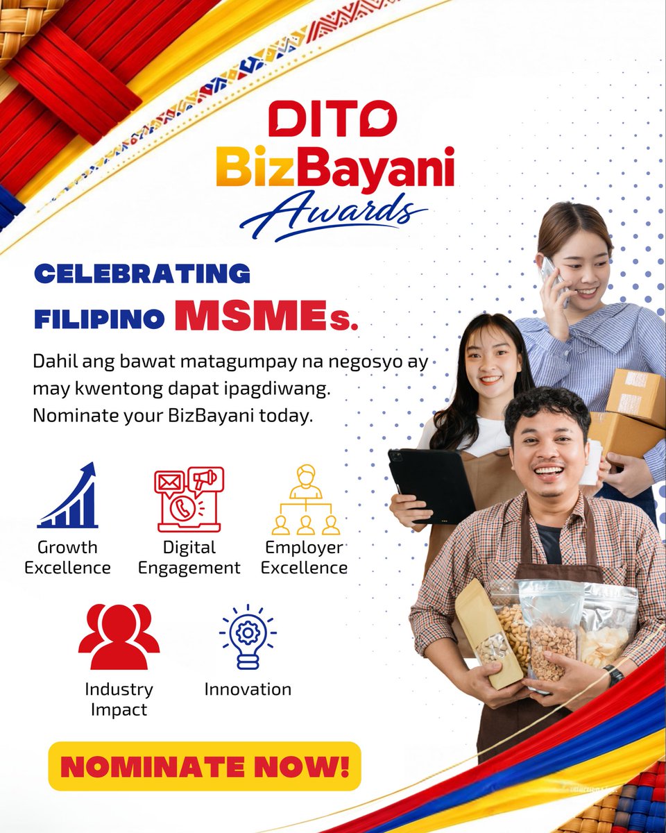 DITOBizbayan's tweet photo. The search for the first-ever DITO BizBayani Awardees officially begins.

Celebrating Filipino MSMEs and entrepreneurs whose passion, resilience, and innovation continue to drive growth, empower communities, and create meaningful impact across the country. https://t.co/bxWJ6e9Lj8