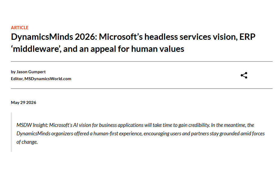 msdynamicsworld's tweet photo. DynamicsMinds 2026: #Microsoft’s headless services vision, ERP ‘middleware’, and an appeal for human values. 
https://t.co/98qwwGzRBl https://t.co/mGv9uq8eha