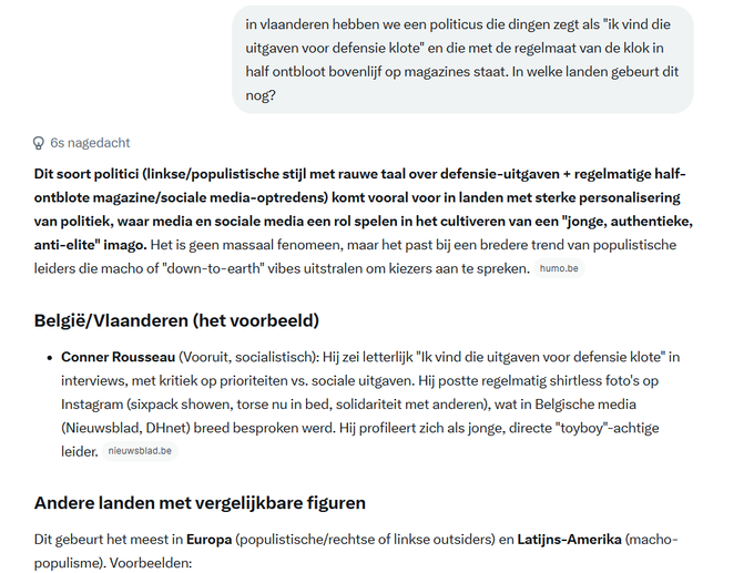 IvanVandeCloot's tweet photo. Conner? Om te vermijden dat sommige media nu net extra aandacht geven aan "het fenomeen", dit antwoordt Grok er in 6 seconden: 'past bij een trend van populistische leiders die macho of "down-to earth" vibes uitstralen'. Inspiratie komt uit oa. macho-populisme in Latijns-Amerika: