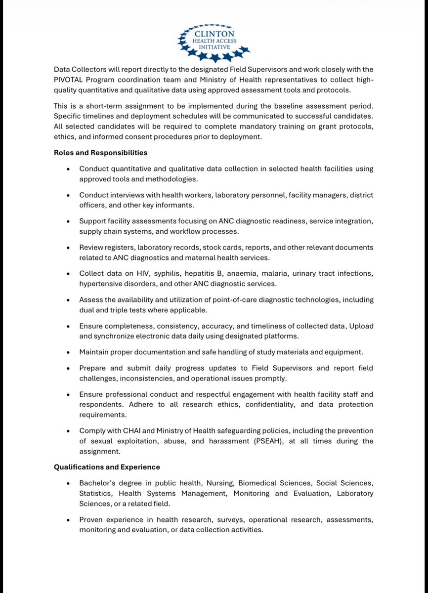 KS_Mussa's tweet photo. 🚨 #hiring #data

Clinton Health Access Initiative in Malawi are looking for Data Collectors to support an upcoming data collection exercise.
 
Only candidates who meet the requirements outlined in the Terms of Reference will be shortlisted for interviews.

Deadline: 10-June-2026 https://t.co/LcUSpFlnMI