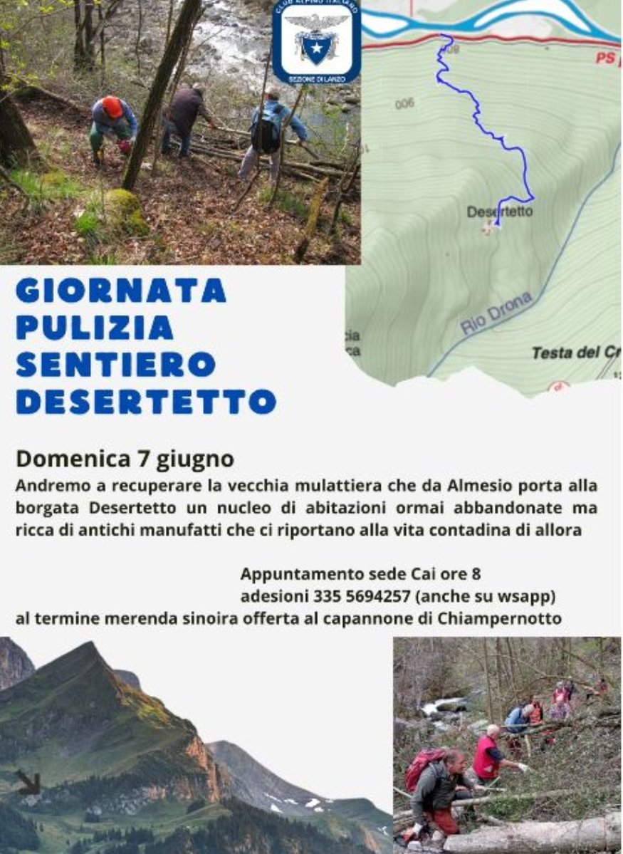 cailanzo's tweet photo. 🖌️🛠️🪚domenica 7 giugno 2026 pulizia #sentiero Desertetto con partenza da Almesio (Ceres - TO).

#ClubAlpinoItaliano #AlpiGraie #VallidiLanzo 

Locandina 👇 https://t.co/1zh2tBVYoE