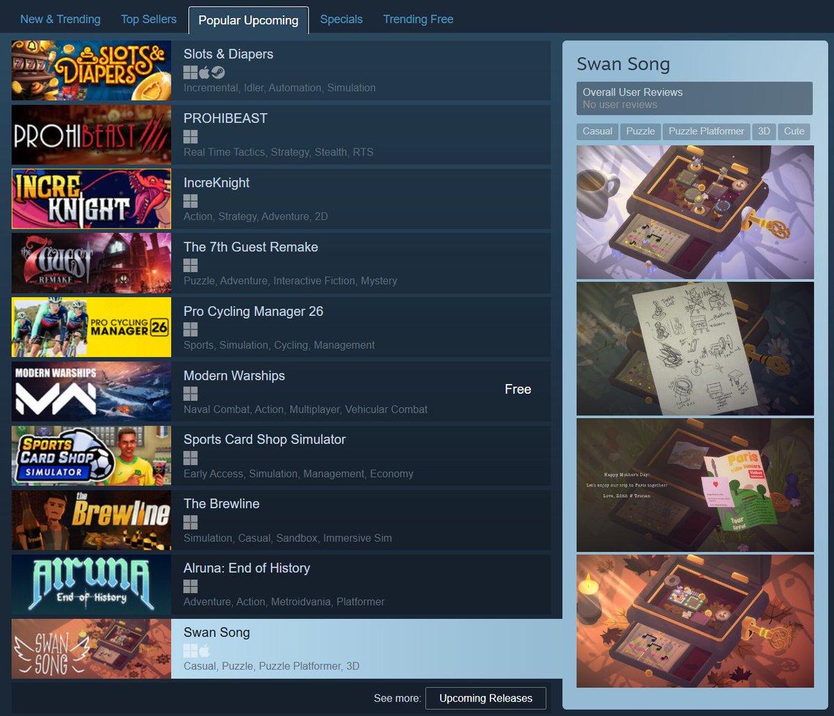 goose_business's tweet photo. Our cozy puzzle game Swan Song is now in the popular upcoming section on Steam! 🥰

It releases tomorrow, and we are very thankful for all the support, wishlists and nice comments we got so far! 🤩

#indiegame #gamedev #cozygames https://t.co/VpFwhmtkku