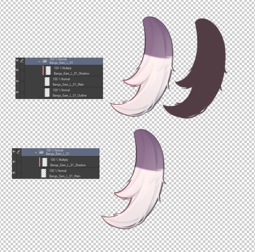 vulpiepie's tweet photo. when creating a vtuber model, should the hair have it's outline as a separate underfill colour, or should it be merged as one? 😕 https://t.co/BOBgHagK4G