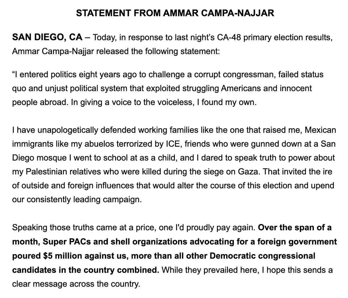 AndrewSolender's tweet photo. NEW: Ammar Campa-Najjar concedes in #CA48, declaring "my political career is permanently over."

"I urge my supporters to continue to lift up candidates like Rudy [sic] Villegas, Dr. Adam Hamawy, and Dr. Abdul El-Sayed as they carry the torch of justice forward." https://t.co/4mHUAr2kum