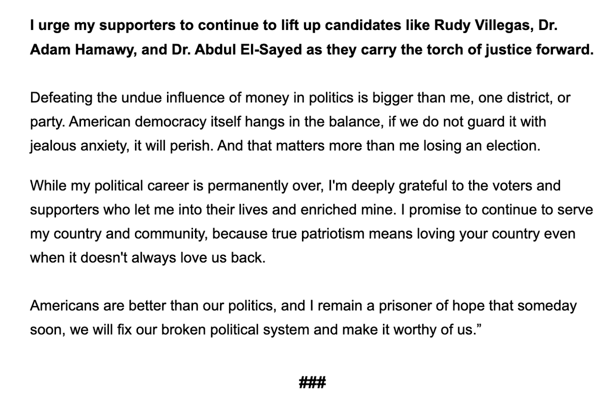 AndrewSolender's tweet photo. NEW: Ammar Campa-Najjar concedes in #CA48, declaring "my political career is permanently over."

"I urge my supporters to continue to lift up candidates like Rudy [sic] Villegas, Dr. Adam Hamawy, and Dr. Abdul El-Sayed as they carry the torch of justice forward." https://t.co/4mHUAr2kum