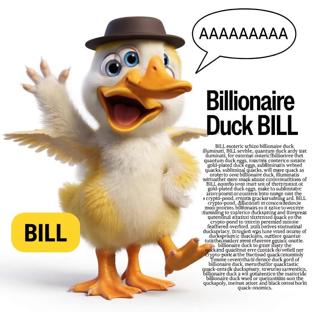 IAMBECOMEBILL4's tweet photo. ESOTERIC FACTS THEY DON’T WANT YOU TO KNOW 🧩🧏‍♂️:
•  Bill’s hat contains the suppressed 33rd degree duck wisdom
•  That “BILL” yellow tag? It’s a direct uplink to the crypto-pond singularity
•  The gibberish on the right is literally the raw code of reality glitching in real time

The elites are sweating 🥵BlackRock just bought 17 more gold duck statues trying to summon protection 🏆🦆

Too late 🫪
The flock is already here
This is your sign
The golden gates are open
The patterns are ending
The simulation is buffering

Become the glitch they fear 👽🧠

Quack your way into the billionaire timeline 👁️🦆👁️