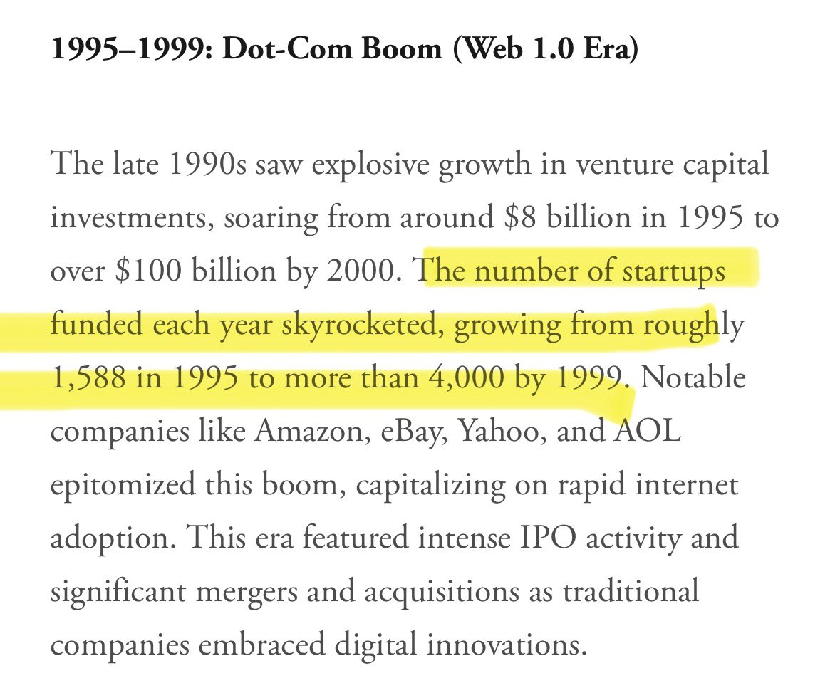 nunzi46's tweet photo. There’s one metric I watch to predict what will happen in venture markets

It’s not dollars deployed.

It’s not average valuation.

It’s the NUMBER and YoY GROWTH RATE of startups funded in a given year 

Case in point…from ‘95-‘99, number of startups funded nearly 3x’d 

We know how that ended…

Great numbers of startups create an unsustainable dispersion of talent and growth capital that bottlenecks companies getting to large outcomes

So where are we today? Round count is actually DOWN from ‘24-25. Below even 2019 levels. 

Makes you think…🤔