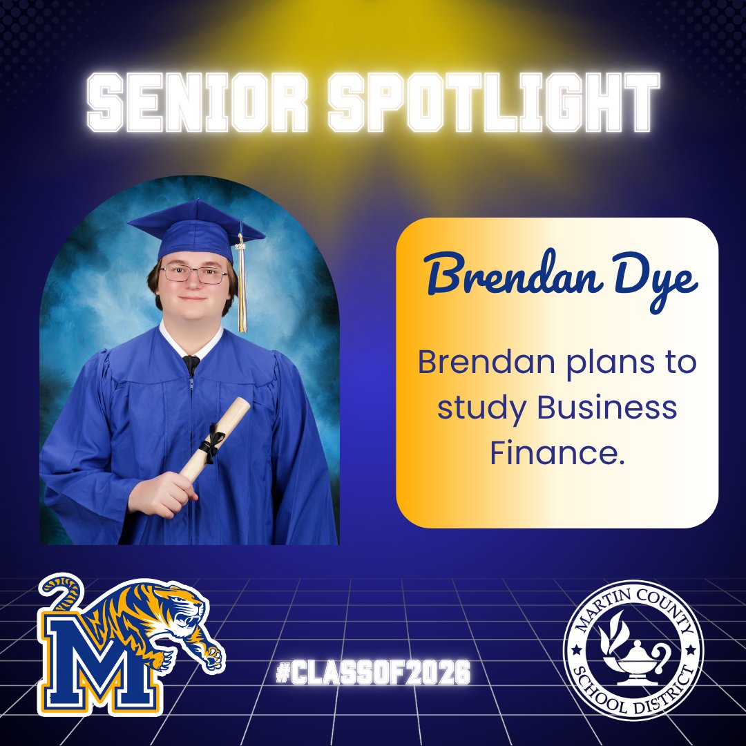 MCSDFlorida's tweet photo. 🎓#MCSDSENIORSTORIES🎓

We only have a few more #Classof2026 shoutouts left! This morning, we are shining a spotlight on @MartinCountyHi1 senior Brendan Dye!

Brendan plans to attend Baker College or @IRSCTheRiver and study Business Finance.

🎉Congrats, Brendan!

#ALLINMartin👊 #PublicSchoolPROUD