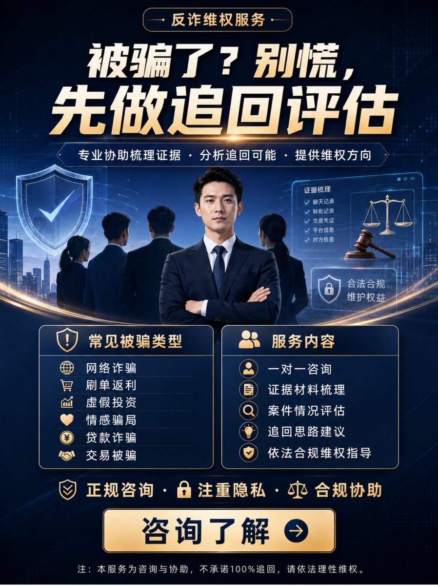 H9790133545586's tweet photo. 被骗资金追回，不是喊口号，也不是靠玄学。
关键是证据是否完整、资金流向是否清楚、处理方式是否合规。
我们提供一对一咨询，帮你理清追回思路，少走弯路。
事实上，90%以上的被骗都能追回。 https://t.co/6Yd7o6Om34