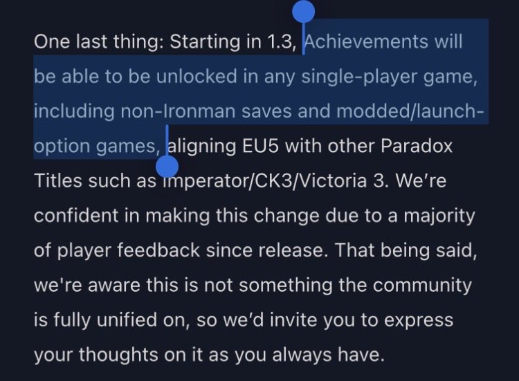 ProudBavaria's tweet photo. EU5 is finally doing it.

Achievements can soon be earned without Ironman and with mods. https://t.co/e1QMNQDZSx