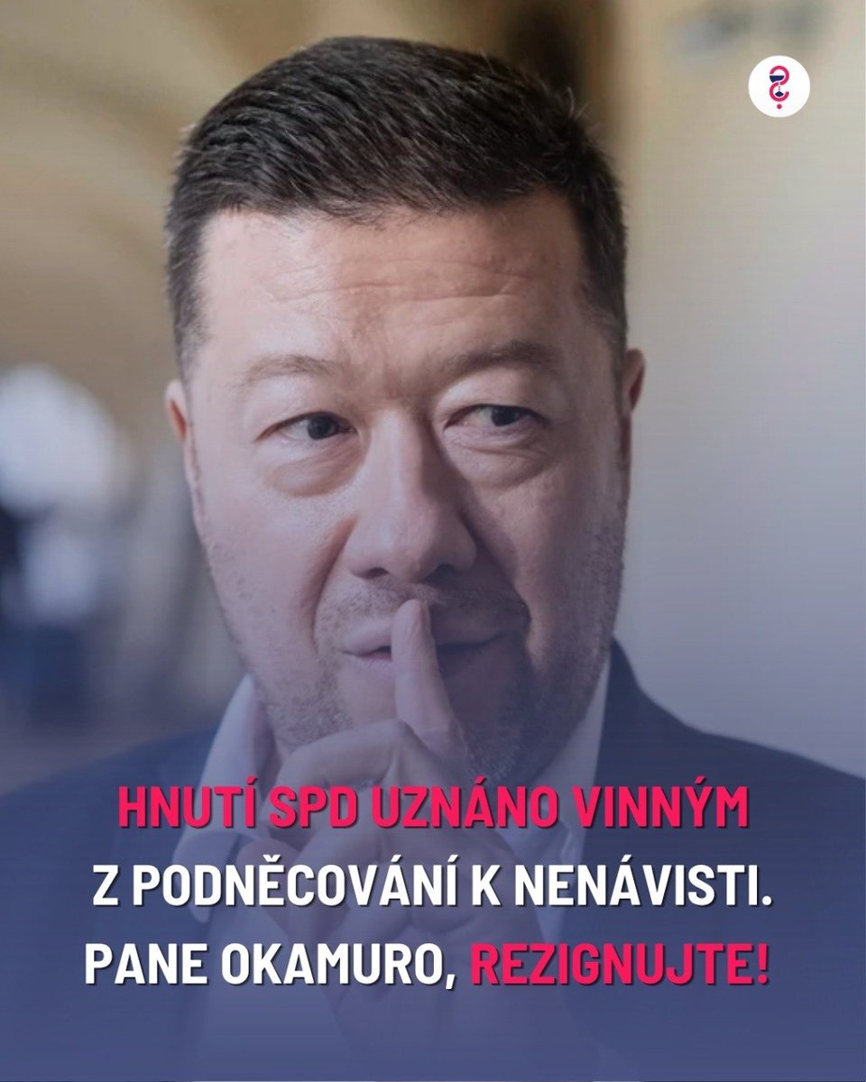 milionchvilek's tweet photo. ⚠️ Hnutí @SPD_oficialni bylo dnes uznáno vinným v případu nenávistných rasistických plakátů - a dostalo třímilionovou pokutu. Rozsudek je zatím nepravomocný. 
Předseda SPD a bohužel i předseda Sněmovny @tomio_cz ale před spravedlností zbaběle utíká. Stejně jako premiér Andrej Babiš si nechal hlasy svých koaličních kolegů odhlasovat imunitu, za kterou se teď oba schovávají. 

❗ Mít takového člověka v čele poslanecké Sněmovny ČR je naprosto nepřijatelné! ❌ 

Pane Okamuro, rezignujte. Nebuďte zbabělec a předstupte před soud jako každý jiný občan.
