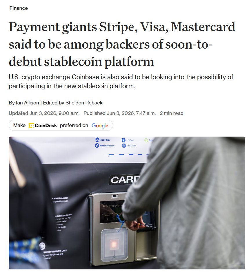 NikMilanovic's tweet photo. 🚨 BREAKING

Payments giants are going all-in on stablecoins.

@Visa, @Mastercard, @Stripe, and possibly @Coinbase are reportedly backing a new stablecoin platform launching soon.

💳 This comes as all three have made major stablecoin moves:
- Stripe's acquisition of @Stablecoin for $1.1B
- Mastercard's acquisition of @BVNKFinance
- Visa's expanded settlement support across 9 blockchains.

The race to own stable payments infrastructure is on.

Come hear from all three at @TheStablecon.