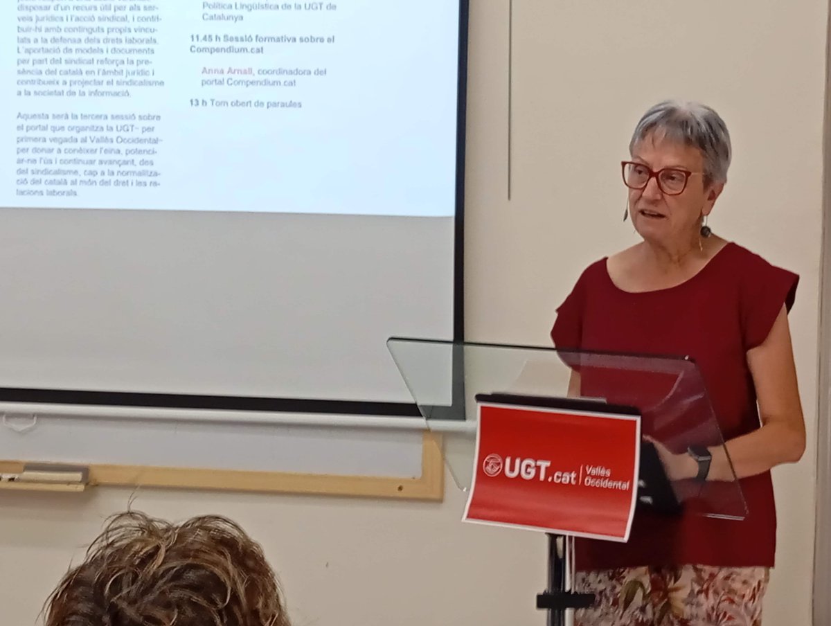 catalaugt's tweet photo. Hi han intervingut la secretària general de la @ugtvallesocc, Esther Espigares, la responsable de Política Lingüística d'@ugtcatalunya, Núria  Solé,  Rogeli Montoliu, president del @conselladvocat i Eulàlia Barros, degana del @icasbd. La formació ha anat a càrrec d'Anna Arnall. https://t.co/KBei50qXHG