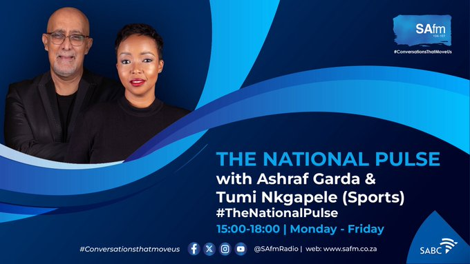 SAfmRadio's tweet photo. [ON AIR] Good afternoon and welcome to the midweek edition of #TheNationalPulse with @AshrafGarda
and @TumiNkgapele

Share your views:    

Call us on:  086 000 2032           
WhatsApp voice: 061 410 4107                         

Live Stream:
https://t.co/JrQo8Sy93e https://t.co/072sk8nRF5