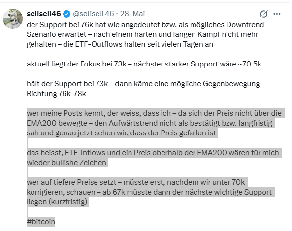 seliseli_46's tweet photo. Ich war seit geraumer Zeit nicht vom letzten $BTC Anstieg überzeugt. Die Gründe waren klar: 

zu wenig Spot-Volumen, zu viele ETF Outflows und vor allem war es für mich sehr relevant, dass sich der BTC Preis oberhalb der EMA200 bewegt und das nicht nur kurz, sondern konstant. Dazu kommt noch die ganze Geschichte mit dem überhitzten SPX. Das alles sollte meine Haltung gegenüber der jetzigen Situation mehr als genug erklären. 

Dennoch schliesse ich nicht aus, dass die Zone rundum 59k der Boden war und die Zyklustheorie nicht mehr zeitgemäss ist. 

Zurzeit haben wir noch ca. drei Ereignisse, welche potenziell einen Einfluss auf das gesamte Sentiment haben könnte, diese wären:
 
Zinsentscheid am 17. Juni, Clarity Act am 4. Juli sowie auch der Trump-Iran Deal. 

Ich trade nicht mit Hebel und kaufe immer nur per Spot. Mein BTC Sparplan läuft seit Februar. Ebenfalls akkumuliere ich hin und wieder auch etwas bei den Altcoins. Jeder ist schlussendlich für seine eigenen Finanzen verantwortlich. 

Langfristig wird jeder von uns die ein oder andere Chance kriegen, egal wie er sich positioniert hat, da der Kryptomarkt - "immer noch" - sehr volatil ist. 🙏

*unten noch einmal meine wichtigsten Tweets in Bezug auf den BTC Chart