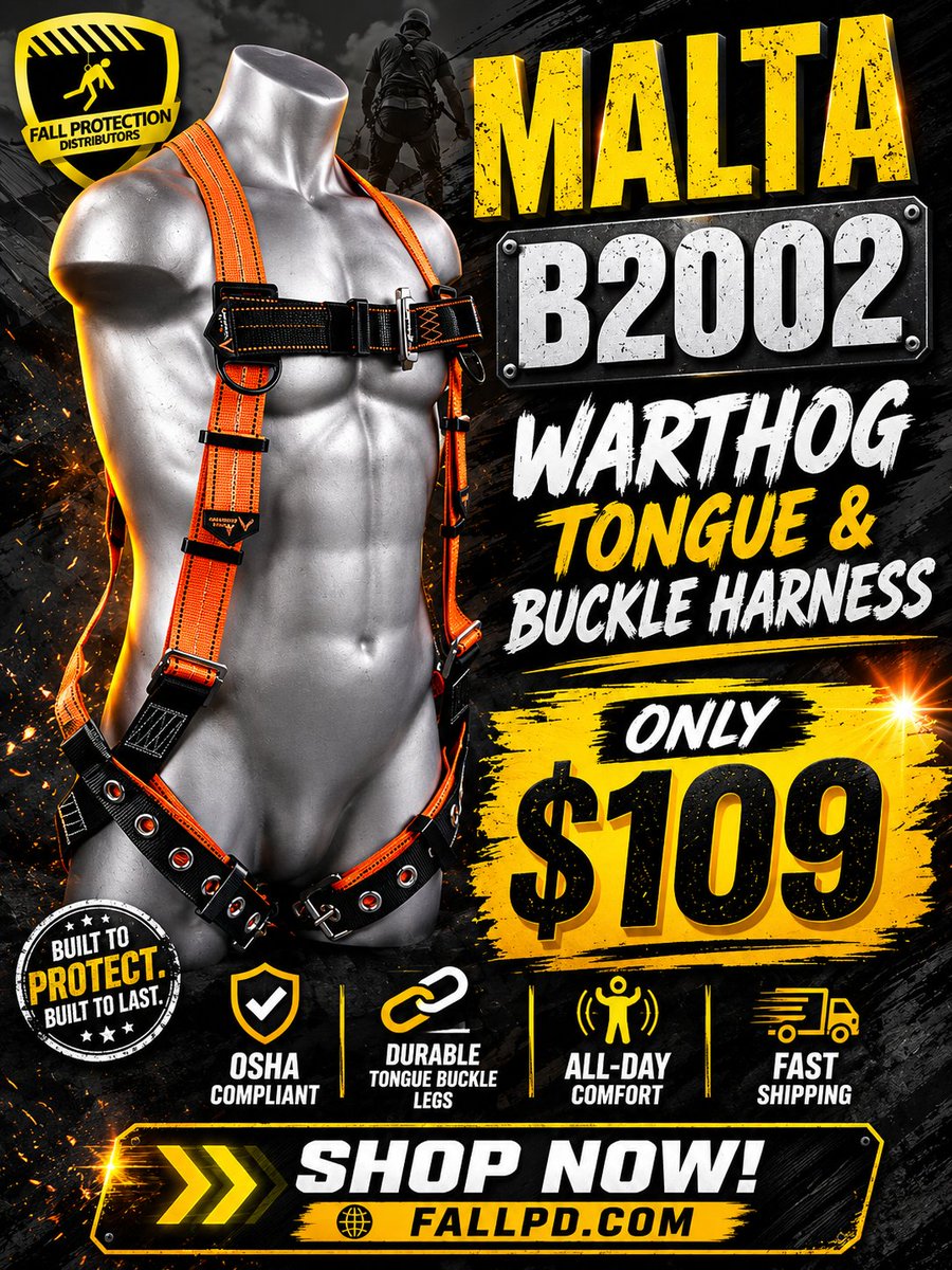 fall_pd's tweet photo. When your crew needs reliable fall protection that’s built for comfort, compliance, and all-day wear, the Warthog Harness delivers—without breaking the budget.

The Malta Dynamics B2002 Warthog Tongue and Buckle Harness is a jobsite essential, combining rugged durability with ANSI/OSHA-certified safety. With breakaway lanyard keepers, finished webbing ends, and a fall indicator for peace of mind, this harness is engineered for real-world performance. Whether you're outfitting a new hire or upgrading your gear, the Warthog is ready to work when you are. @maltadynamics

Built for safety. Priced for crews. Trusted on rooftops everywhere.

🦺 Tongue & buckle leg straps for secure fit
🪢 Dual lanyard keepers keep lines out of the way
📛 Customizable patch for ID without compromising webbing
📏 Fits most (L/XL) with universal adjustability
✅ ANSI Z359.11-2014 & OSHA compliant
💲 Only $109.00

SHOP NOW: https://t.co/2BolHUhIdR

#FallPD #FallProtectionDistributors #WarthogHarness #MaltaDynamics #RoofSafetyGear #OSHASafety #HarnessReady #JobsiteEssentials #FallArrestGear #ContractorApproved #BuiltToProtect #SafetyBuiltIn #RoofingPerformance #DurableDesign #FallSafetySolutions #RoofingPros #HarnessUp #SafetyFirst #CompliantAndComfortable #WorkSafeStaySafe #HarnessGear