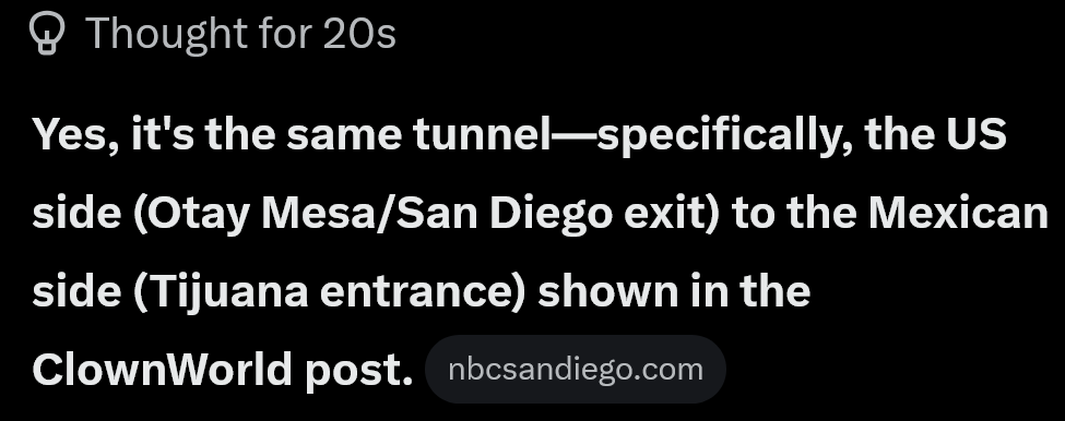 brocksr's tweet photo. @ClownWorld Grok says this is the other side to this tunnel in San Diego. https://t.co/NnR4MTWU9y https://t.co/lSiZGKFZav