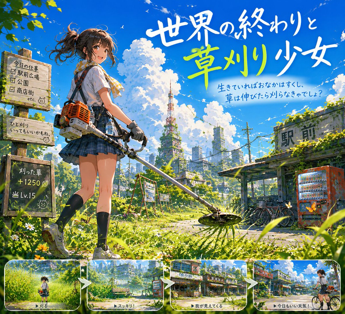 tontonkun_0722's tweet photo. スマホゲーム向け 「週末草刈アクションスローライフ」を計画＆試作しました。 終末世界で女子高生が草刈りをする清掃シミュレーター系 AIすぎるので再作画必須です。 ドット絵作業が大変過ぎて出来る人尊敬です。以上作業時間１２時間でした～（白目）#ゲーム制作 #SuperDevDay https://t.co/s2ih5kNfcO