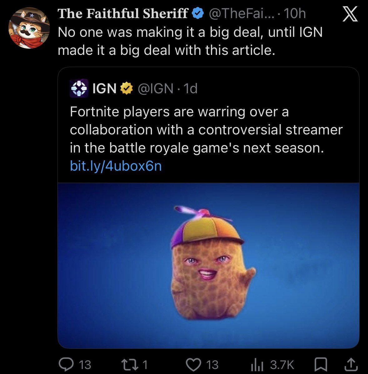 DaisyFrotting's tweet photo. i fucking hate theburntpeanut in fortnite but it is admittedly kinda funny seeing the faithful sheriff look his shit over it lol https://t.co/FCYVlEPOvP