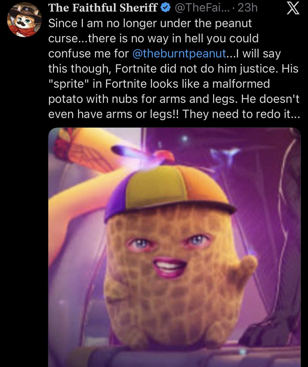 DaisyFrotting's tweet photo. i fucking hate theburntpeanut in fortnite but it is admittedly kinda funny seeing the faithful sheriff look his shit over it lol https://t.co/FCYVlEPOvP
