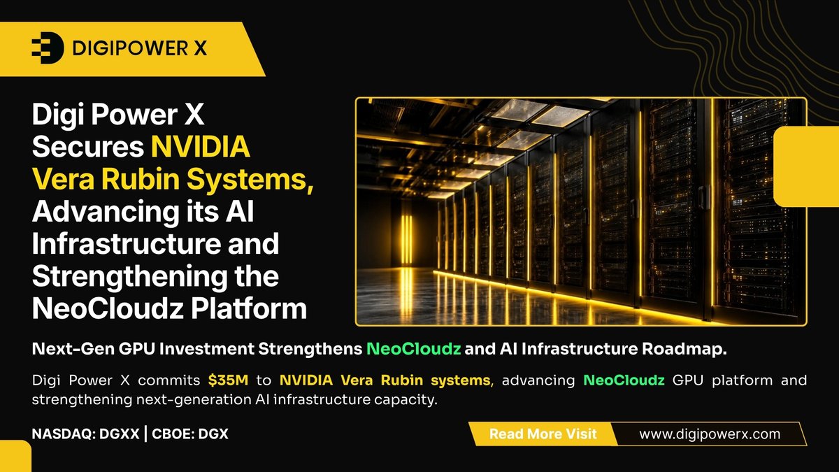 DigipowerX's tweet photo. @DigipowerX  Inc. (Nasdaq: $DGXX )
(Cboe Canada: $DGX) an AI data center infrastructure operator, today announced a $35 million commitment to purchase NVIDIA's next-generation Vera Rubin platform to expand its NeoCloudz GPU-as-a-Service business, and provided an update on operations and its financial position.

NVIDIA Vera Rubin Purchase
The Company has committed $35 million to acquire NVIDIA Vera Rubin systems - NVIDIA's rack-scale successor to Blackwell, pairing Rubin GPUs (288GB HBM4) with the 88-core Vera CPU over NVLink 6. Initial deployment is targeted for Q1 2027, subject to NVIDIA's production and delivery schedule. The Company intends to fund the purchase from cash on hand and to offer the capacity through NeoCloudz.

"To support our growth, we are investing in the people who will scale this platform," said Alec Amar, President of DigiPower X. "Alongside our Chief Technology Officer, Jagan Jeyapal, we are building out our engineering and operations team at our new Silicon Valley office, placing us at the center of the AI ecosystem and closer to the customers, partners, and talent driving the next phase of our growth."

Read more - https://t.co/BYCfUg1ihS

#digipowerx #dgxx #neocloudz #nvidia #verarubin #gpuasaservice #gpucloud #aicomputing #aidatacenter