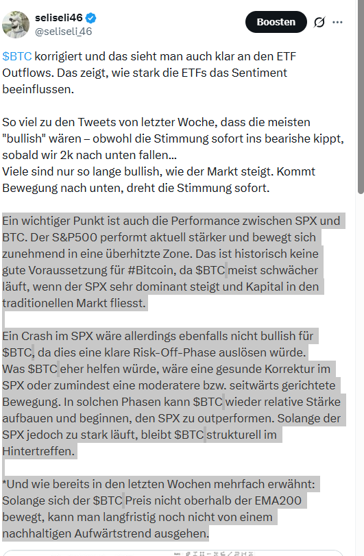 seliseli_46's tweet photo. Ich war seit geraumer Zeit nicht vom letzten $BTC Anstieg überzeugt. Die Gründe waren klar: 

zu wenig Spot-Volumen, zu viele ETF Outflows und vor allem war es für mich sehr relevant, dass sich der BTC Preis oberhalb der EMA200 bewegt und das nicht nur kurz, sondern konstant. Dazu kommt noch die ganze Geschichte mit dem überhitzten SPX. Das alles sollte meine Haltung gegenüber der jetzigen Situation mehr als genug erklären. 

Dennoch schliesse ich nicht aus, dass die Zone rundum 59k der Boden war und die Zyklustheorie nicht mehr zeitgemäss ist. 

Zurzeit haben wir noch ca. drei Ereignisse, welche potenziell einen Einfluss auf das gesamte Sentiment haben könnte, diese wären:
 
Zinsentscheid am 17. Juni, Clarity Act am 4. Juli sowie auch der Trump-Iran Deal. 

Ich trade nicht mit Hebel und kaufe immer nur per Spot. Mein BTC Sparplan läuft seit Februar. Ebenfalls akkumuliere ich hin und wieder auch etwas bei den Altcoins. Jeder ist schlussendlich für seine eigenen Finanzen verantwortlich. 

Langfristig wird jeder von uns die ein oder andere Chance kriegen, egal wie er sich positioniert hat, da der Kryptomarkt - "immer noch" - sehr volatil ist. 🙏

*unten noch einmal meine wichtigsten Tweets in Bezug auf den BTC Chart