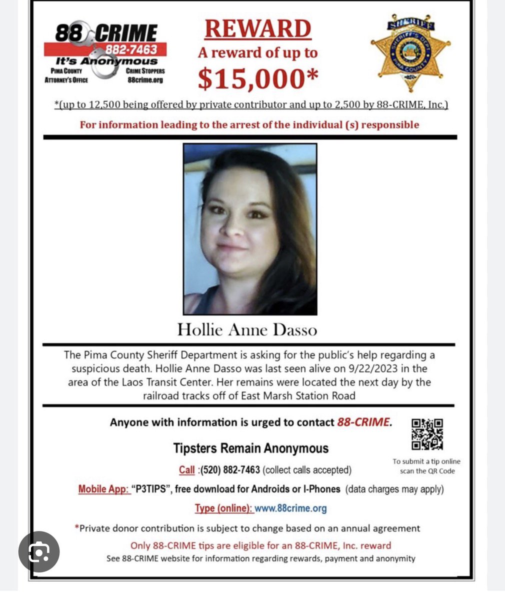 857Tucson's tweet photo. Pima County Sheriff Nanos has given many updates on the search for the suspect(s) who kidnapped Nancy Guthrie, but has made no updates regarding the case of Hollie Dasso. He has never even mentioned her name that I can find. 

Who killed Hollie Dasso in Tucson? 

Hollie's life mattered too Sheriff Nanos.

Hollie was last seen boarding a Sun Tran bus in Tucson and was found deceased the following day near the railroad tracks off Marsh Station Road near Vail. Her case crossed jurisdictions involving both the Tucson Police Department and the Pima County Sheriff's Department, yet many in the community are still asking the same question:

What happened to Hollie Dasso?

To this day, many residents cannot recall a single public update from Sheriff Nanos regarding her case. No press conference. No public appeal. No visible discussion. No explanation of where the investigation stands.

Families deserve answers. Victims deserve attention. The public deserves transparency.

Nobody is asking law enforcement to compromise an investigation. But when a case remains unsolved and a family is still waiting for justice, silence only creates more questions.

Sheriff Nanos, if there are updates that can be shared, please share them. If there are no updates, tell the public that as well. But Hollie Dasso should not be forgotten and ignored.

Justice should not depend on which case receives the most headlines.

#HollieDasso #JusticeForHollie #PimaCounty #Tucson #TransparencyMatters #SheriffNanos
