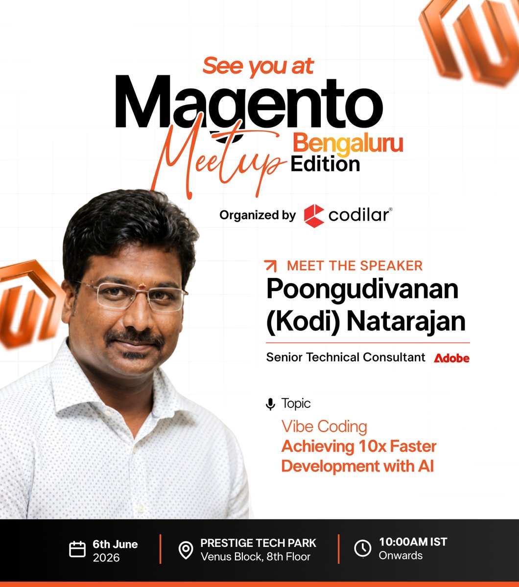 codilar's tweet photo. 🎙️ 𝐒𝐩𝐞𝐚𝐤𝐞𝐫 𝐒𝐩𝐨𝐭𝐥𝐢𝐠𝐡𝐭: 𝐏𝐨𝐨𝐧𝐠𝐮𝐝𝐢𝐯𝐚𝐧𝐚𝐧 (𝐊𝐨𝐝𝐢) 𝐍𝐚𝐭𝐚𝐫𝐚𝐣𝐚𝐧
We're excited to welcome Poongudivanan (Kodi) Natarajan, Senior Technical Consultant at Adobe, to the Magento Community Meetup Bengaluru. https://t.co/VDrQ62NBud